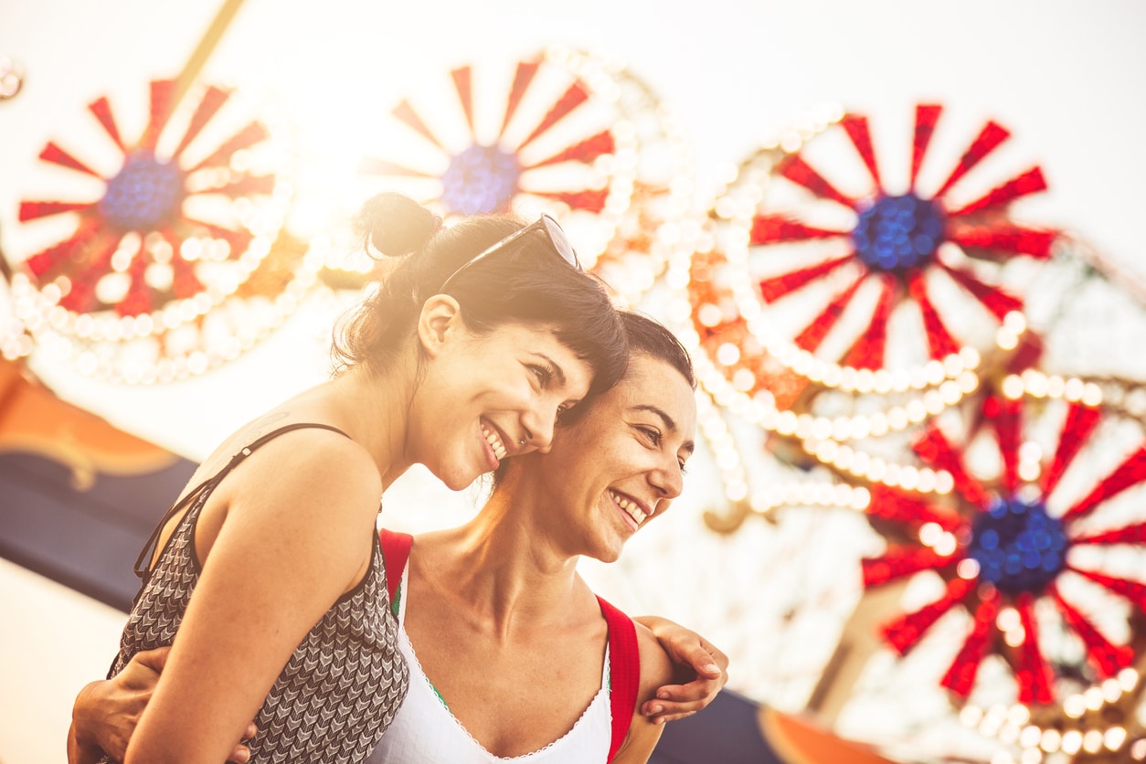 Two friends at amusement park in New York, Coney Island.