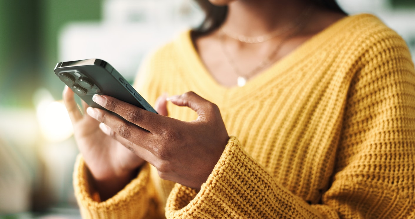 Woman, hands and smartphone or typing for business office, browsing and ecommerce order or startup update. Networking, communication and mobile app or work website post, online and creative agency